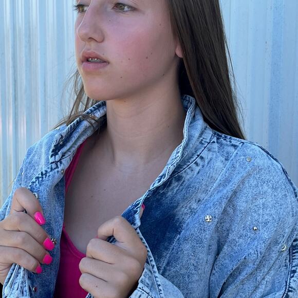 Fringe Acid Wash Denim 2 Piece Jeans Suit Vintage 90s Andiamo Womens Blue Small - Picture 14 of 16